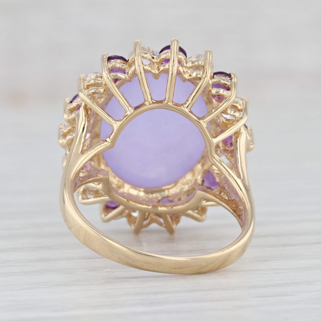 Light Gray Purple Jadeite Jade Amethyst Glass Ring 14k Gold Oval Cabochon Cocktail Sz 7.75