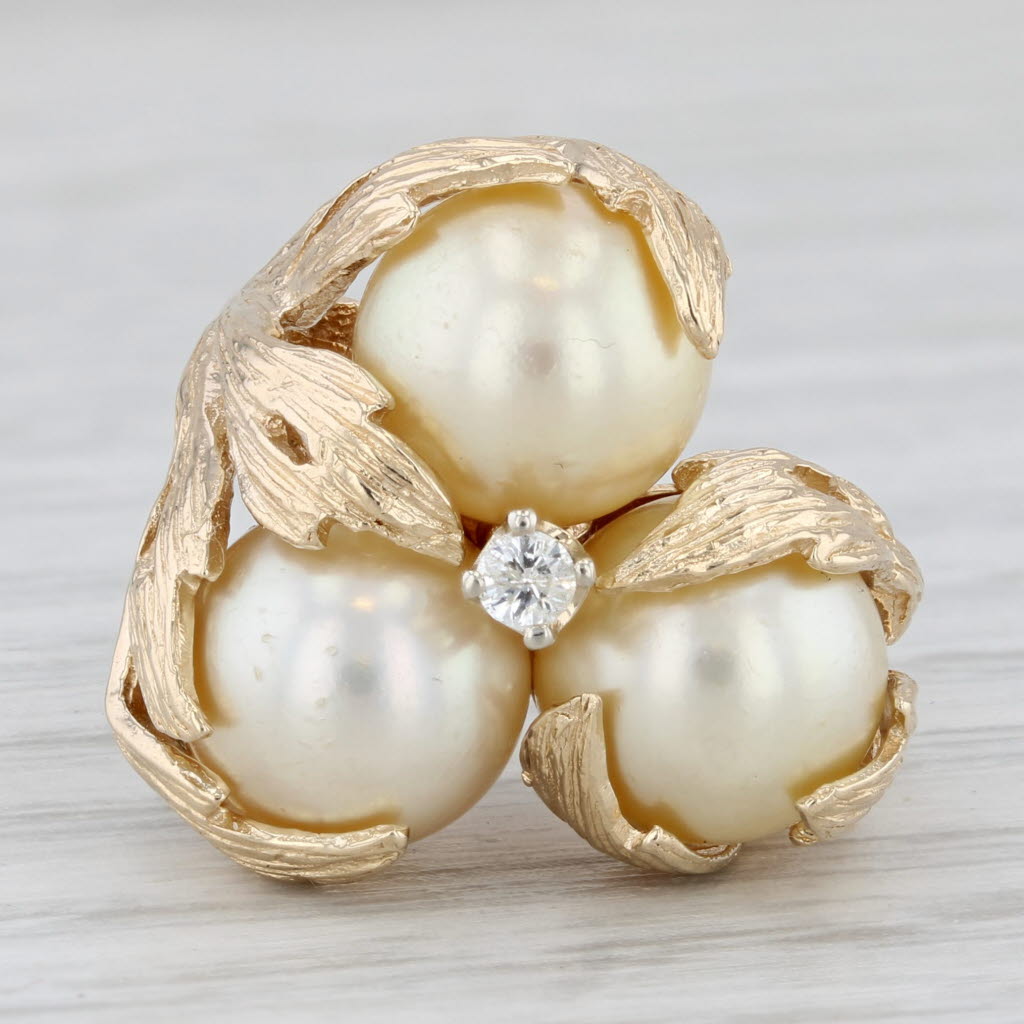 Light Gray Floral Cultured Pearl 3-Stone Cluster Diamond Ring 14k Yellow Gold Size 5