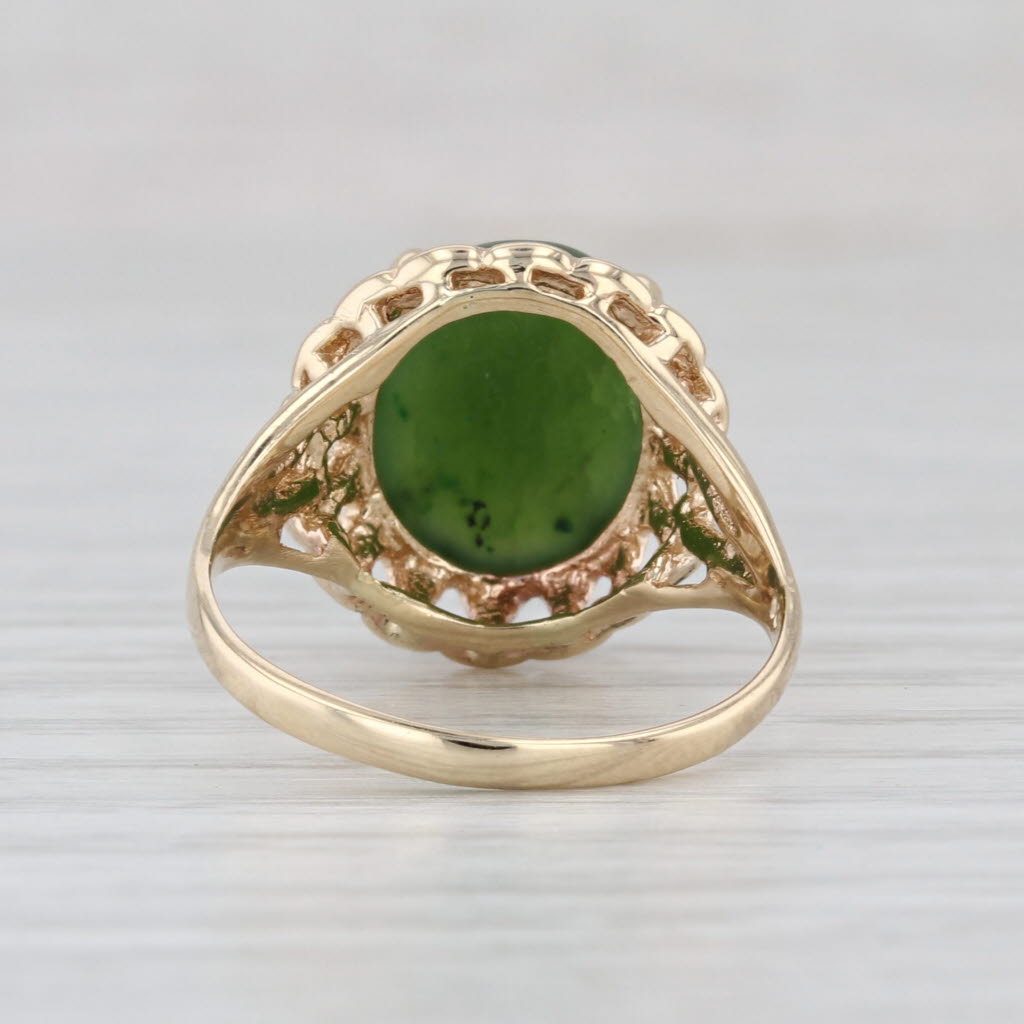 Green Nephrite Jade Oval Cabochon Solitaire Ring 10k Yellow Gold Size 7.25