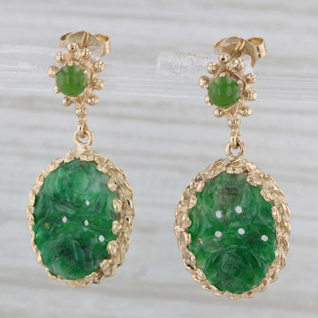 Gray Carved Scarab Green Jadeite Nephrite Jade Dangle Earrings 14k Yellow Gold