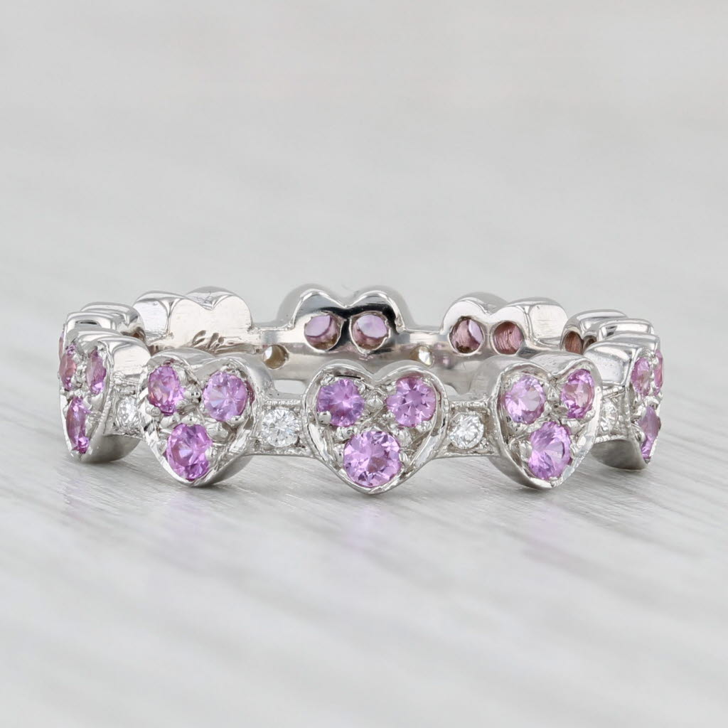 Light Gray 1ctw Pink Sapphire Diamond Hearts Eternity Ring 18k White Gold Stackable Band