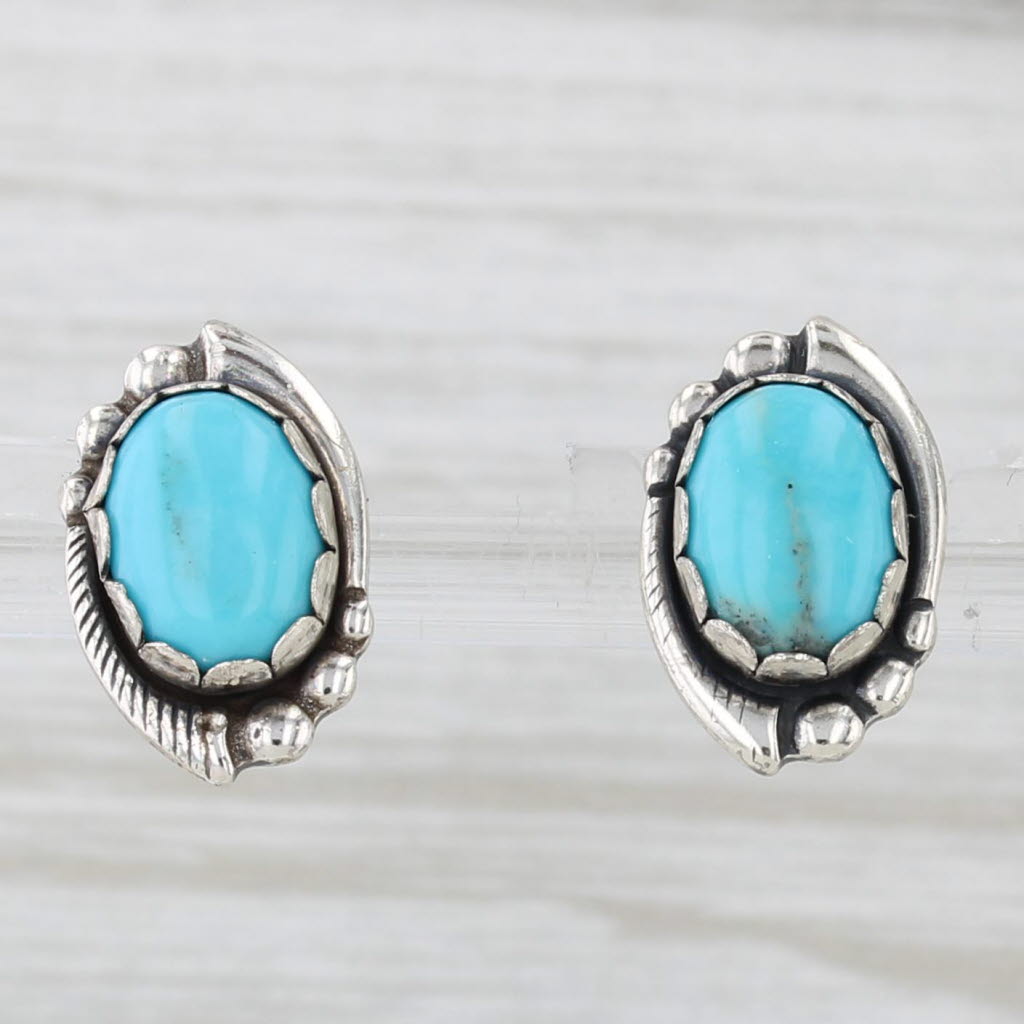 Light Gray Turquoise Oval Cabochon Stud Earrings Sterling Silver Southwestern