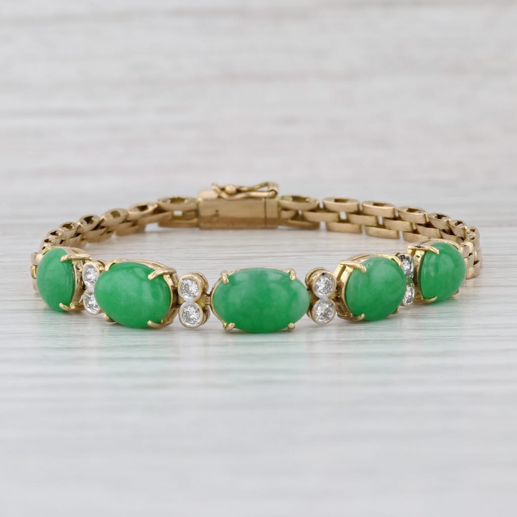 Diamond Jadeite Jade Bracelet 18k Yellow Gold Panther Chain 6.5"