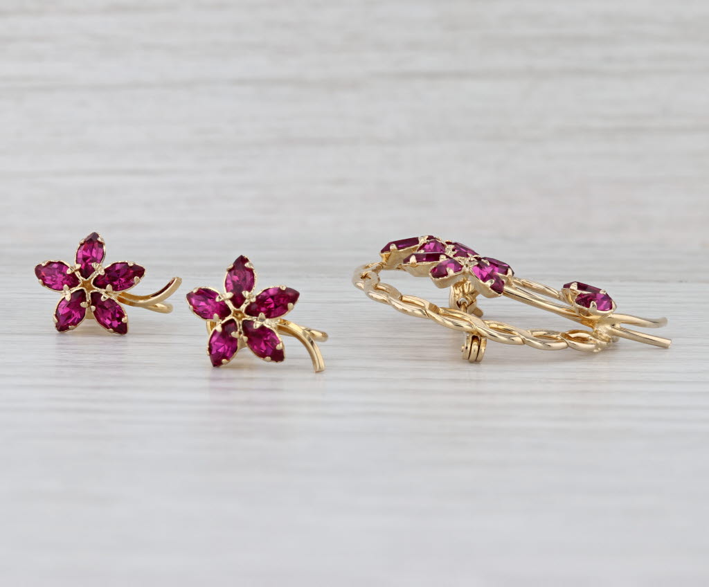Vintage Pink Glass Flower Earrings Brooch Set 12k Gold Filled Non Pierced