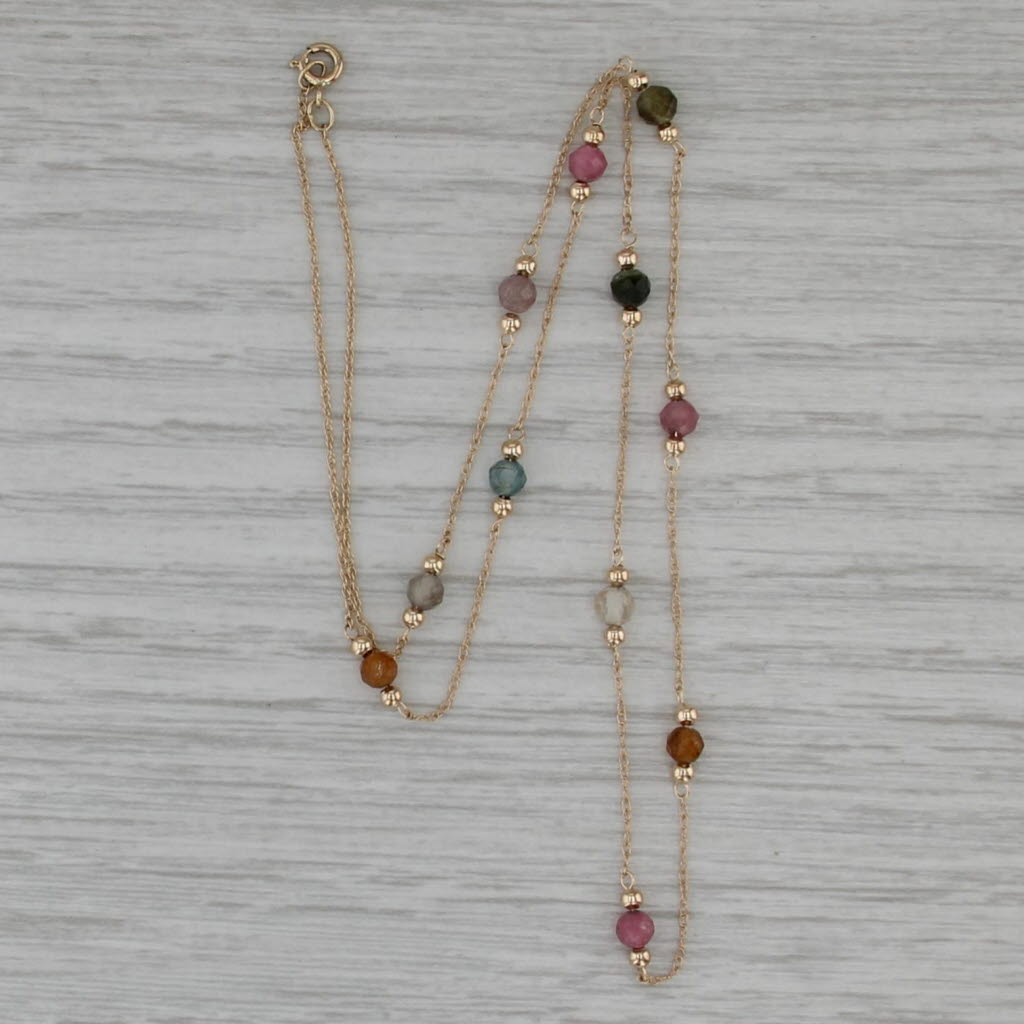 Gemstone Bead Station Necklace 14k Gold 16" Rope Chain Quartz Tourmaline Topaz