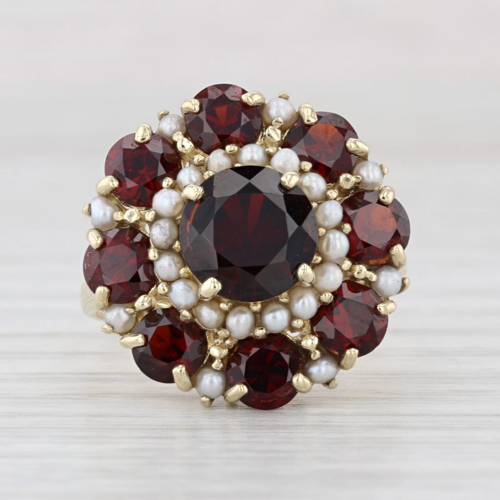 6.50ctw Garnet Seed Pearl Flower Ring 14k Yellow Gold Size 8.5 Cocktail