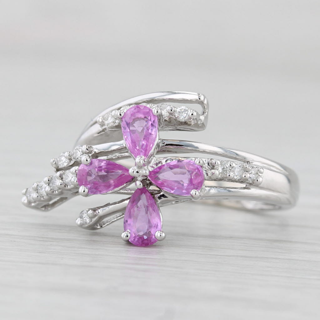 Light Gray 0.99ctw Pink Sapphire Diamond Flower Bypass Ring 14k White Gold Size 5.25