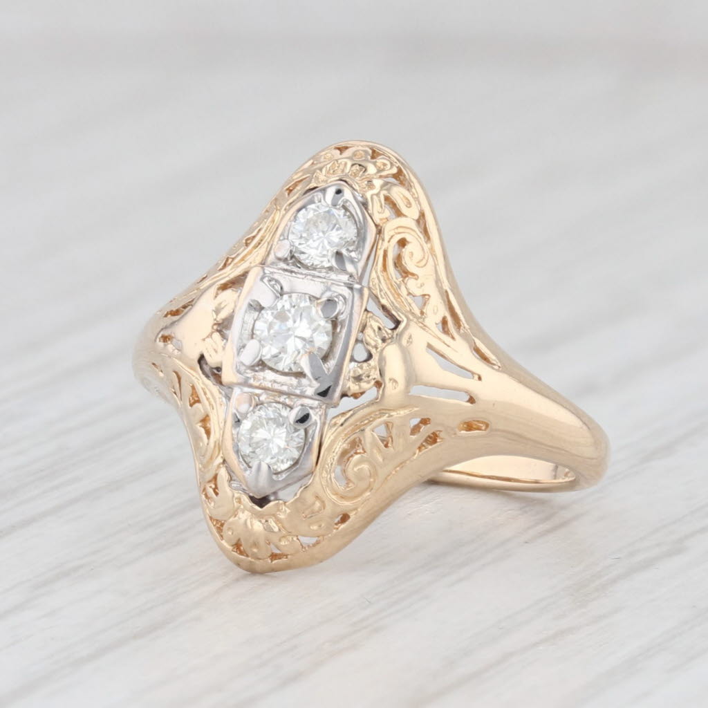 Light Gray Vintage Diamond 3-Stone Ring 14k Yellow Gold Filigree Size 4.5