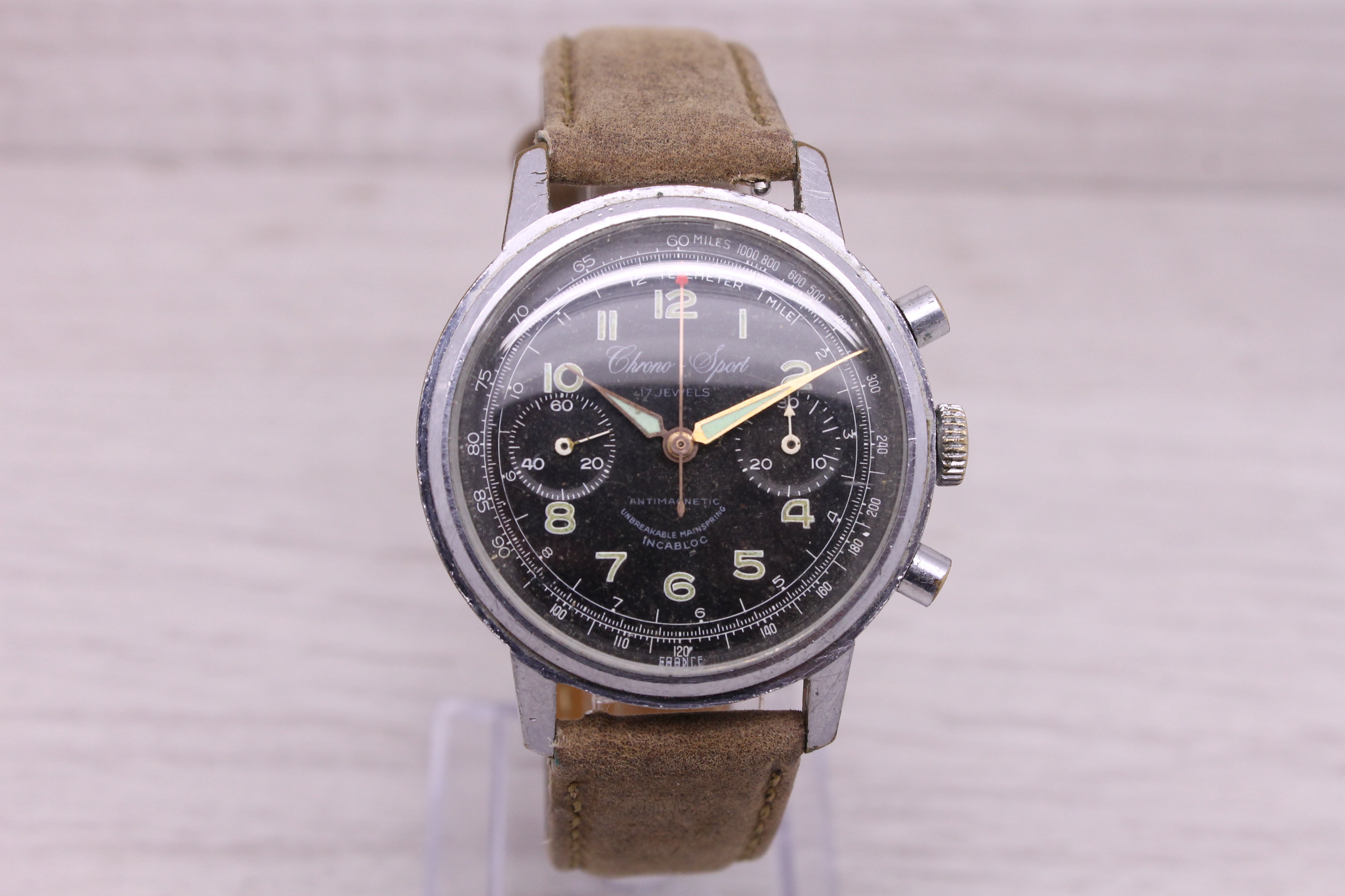 Gray Vintage Chrono Sport 37mm Steel Back Mens Chronograph Watch Venus 188 Arlen Trop