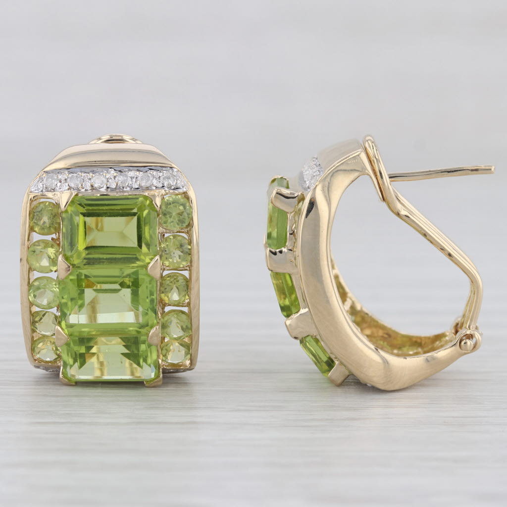 Light Gray 11.90ctw Peridot Diamond Drop Earrings 14k Yellow Gold Omega Backs Statement