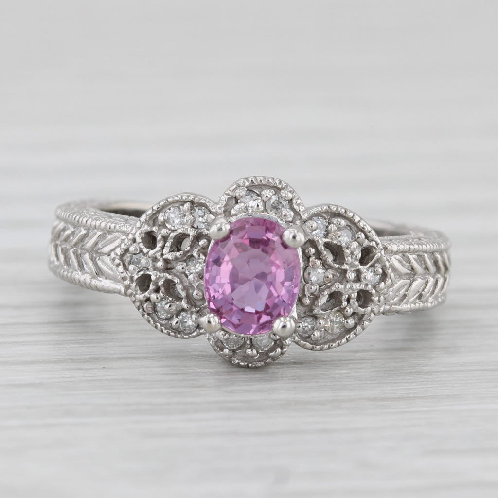 Light Gray 0.76ct Pink Sapphire Diamond Ring 10k White Gold Size 7 Wheat Etched Band