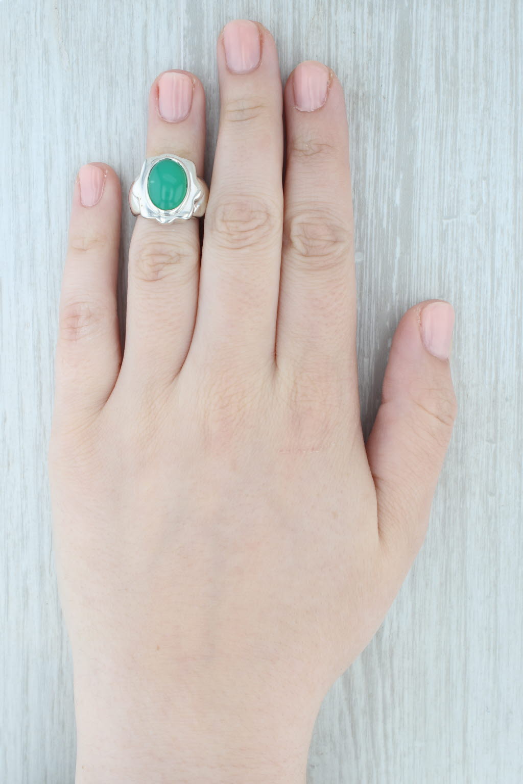 Light Gray Green Chrysoprase Oval Cabochon Solitaire Ring Sterling Silver Size 5