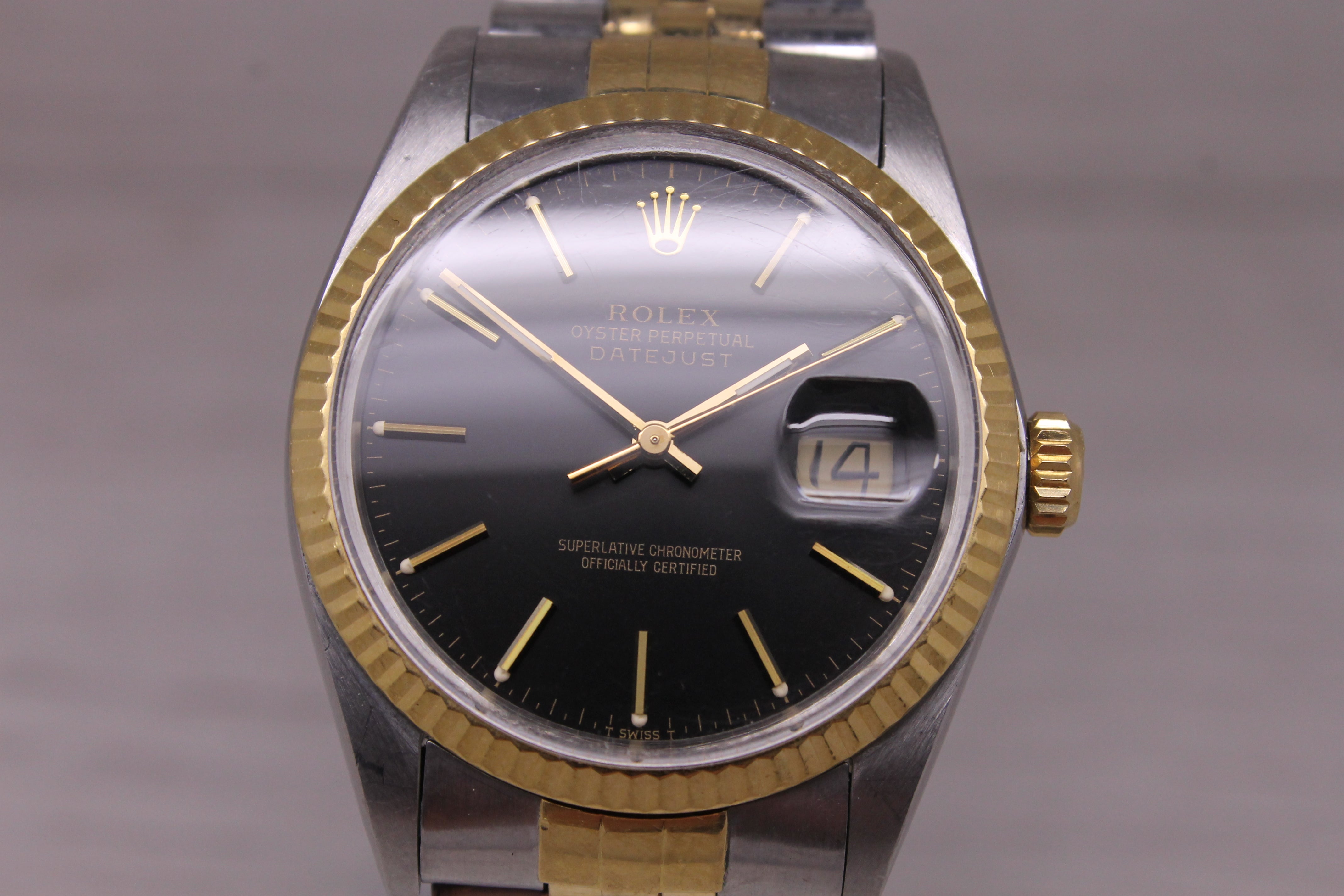Vintage 1986 Rolex Datejust 16013 Mens Automatic 18k Steel Watch w Jubilee Black