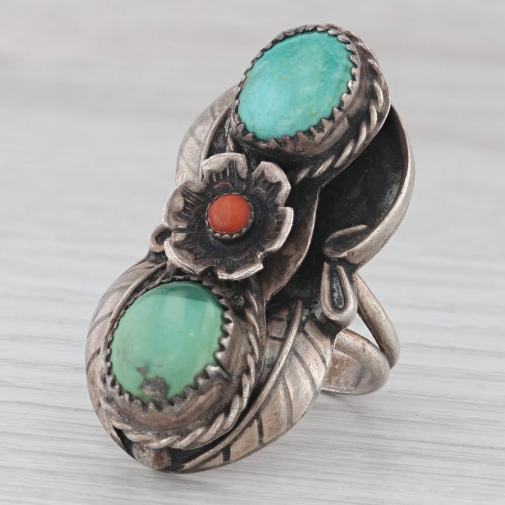 Gray Vintage Native American Turquoise Coral Ring Sterling Silver Sz 8.5 Floral AS IS