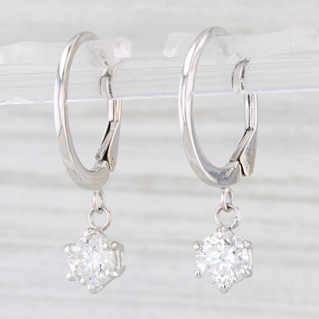 Light Gray 1ctw Diamond Dangle Hoop Earrings 14k White Gold Round Hoop Drops