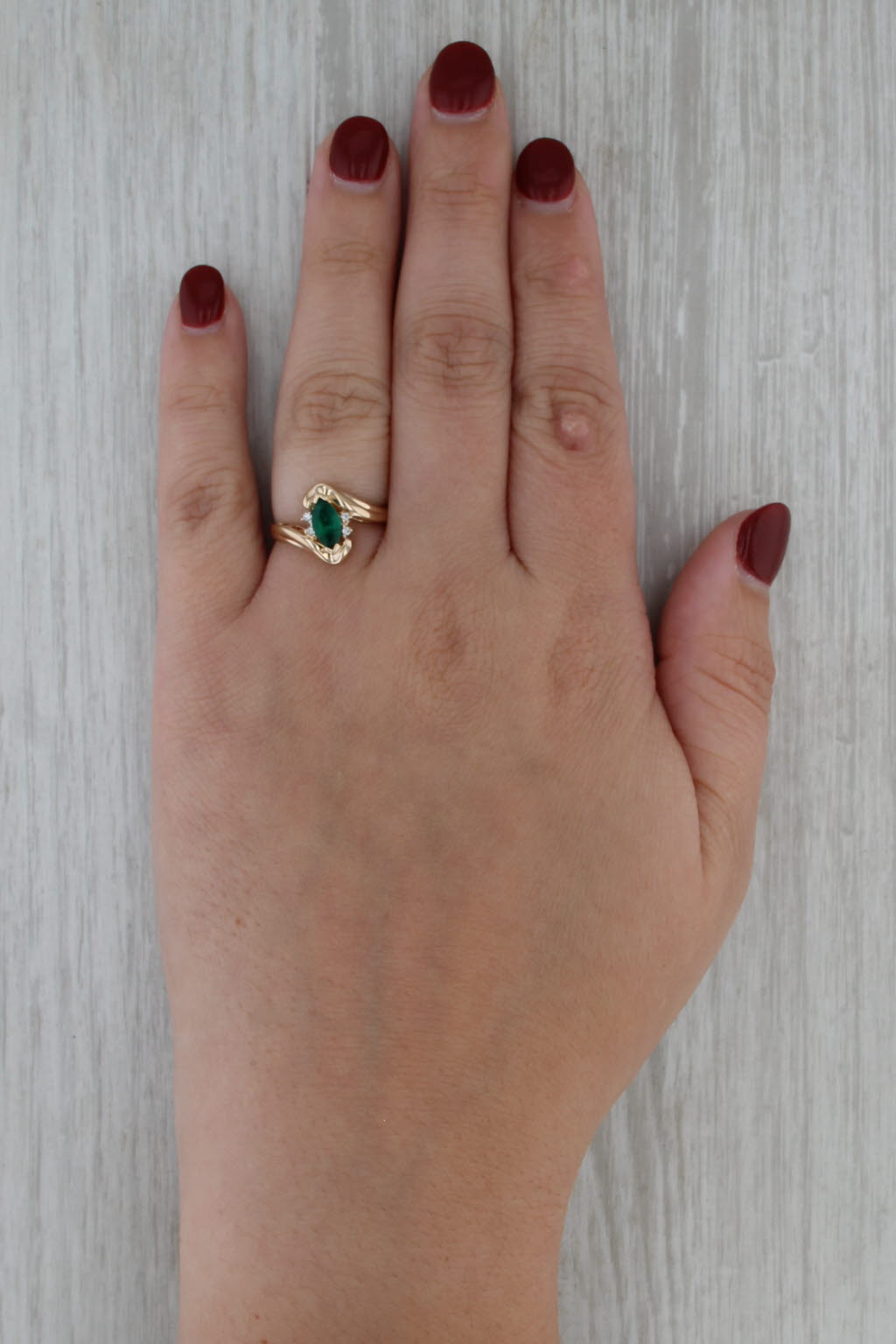 0.64ctw Lab Created Emerald Diamond Ring 14k Yellow Gold Size 6.25 Bypass
