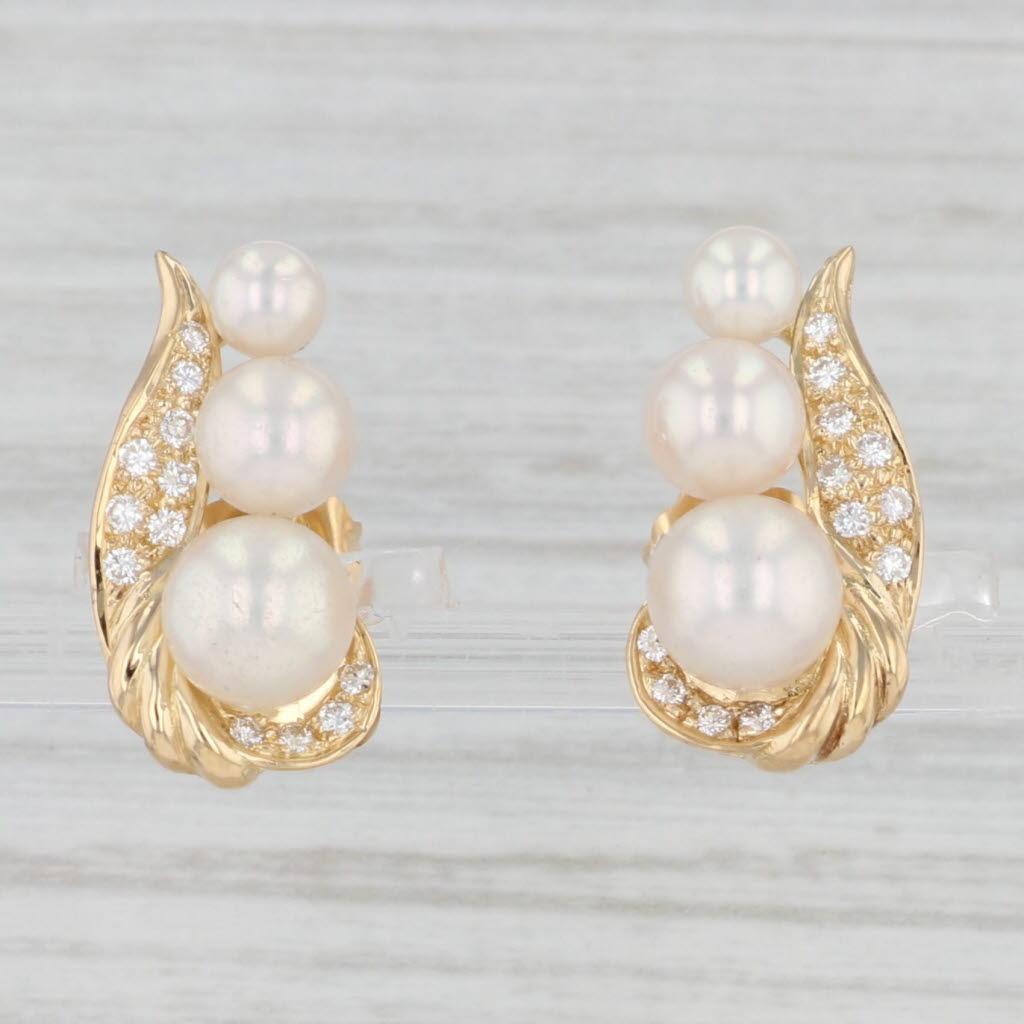 Light Gray Cultured Pearl Diamond Earrings 18k Yellow Gold Pierced Drops