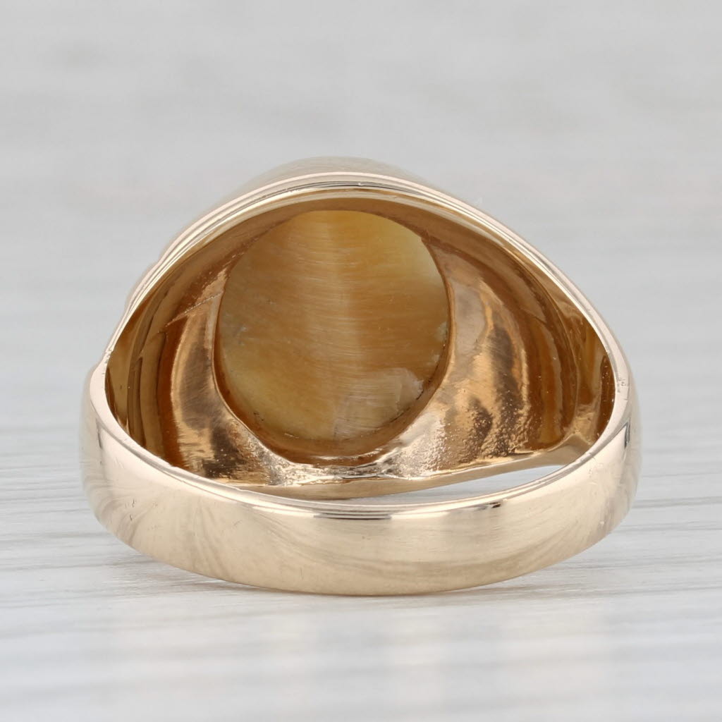 Light Gray Tiger's Eye Oval Cabochon Solitaire Ring 10k Yellow Gold Men's