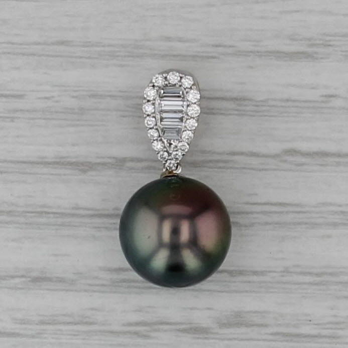 12mm Black Cultured Pearl 0.32ctw Diamond Pendant 18k White Gold Drop