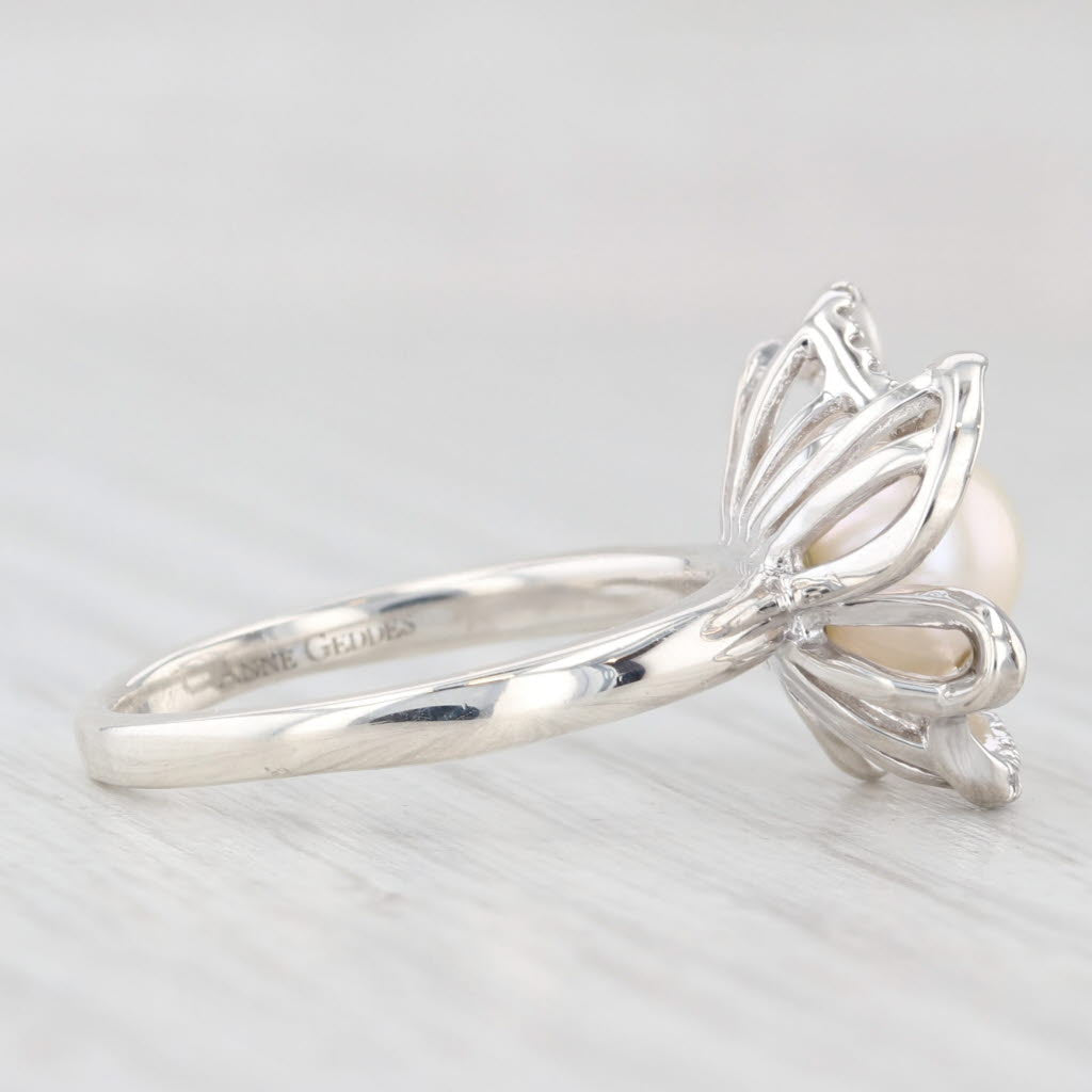 Light Gray Anne Geddes Cultured Pearl Diamond Rimmed Flower Ring Sterling Silver Size 6.25