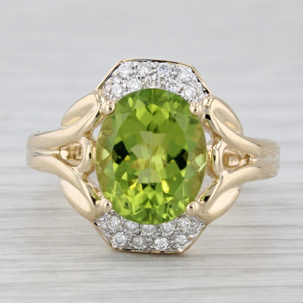 Light Gray 4.17ctw Oval Peridot Diamond Ring 14k Yellow Gold Size 8 Cocktail