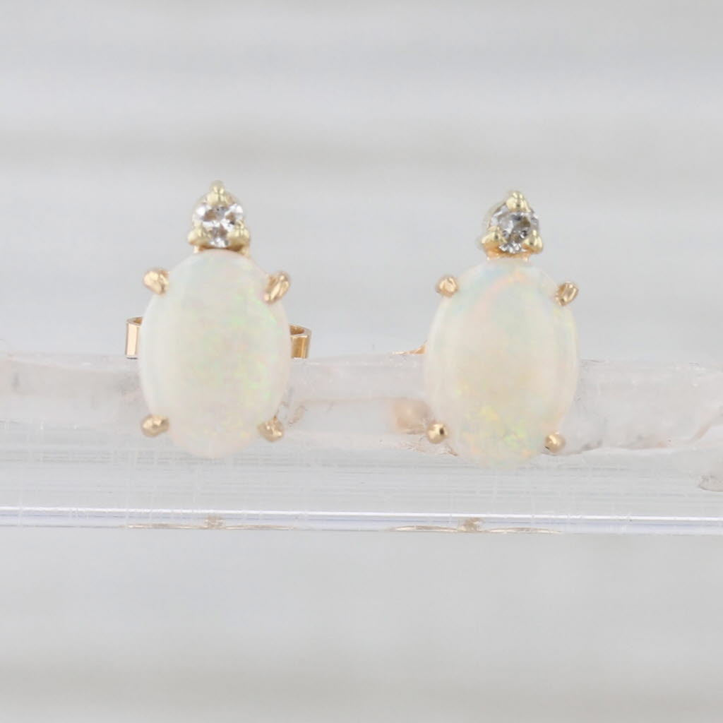 Opal Diamond Stud Earrings 14k Yellow Gold Oval Cabochon Studs