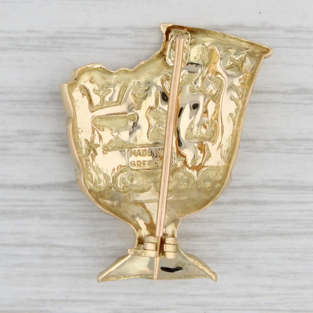 Gray Grecian Urn Goblet Brooch 18k Yellow Gold Figural Vintage Pin Made in Greece