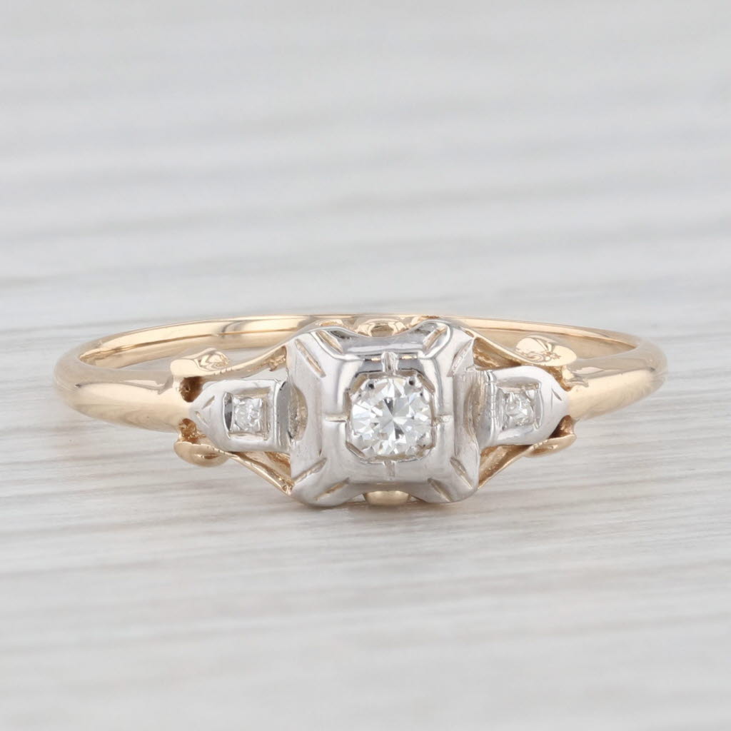 Light Gray Vintage Diamond Ring 14k White Yellow Gold Size 6.75