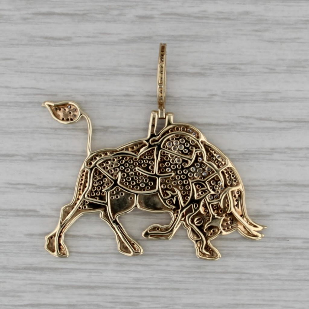 2.27ctw Pave Diamond Raging Charging Bull Pendant 10k Yellow Gold