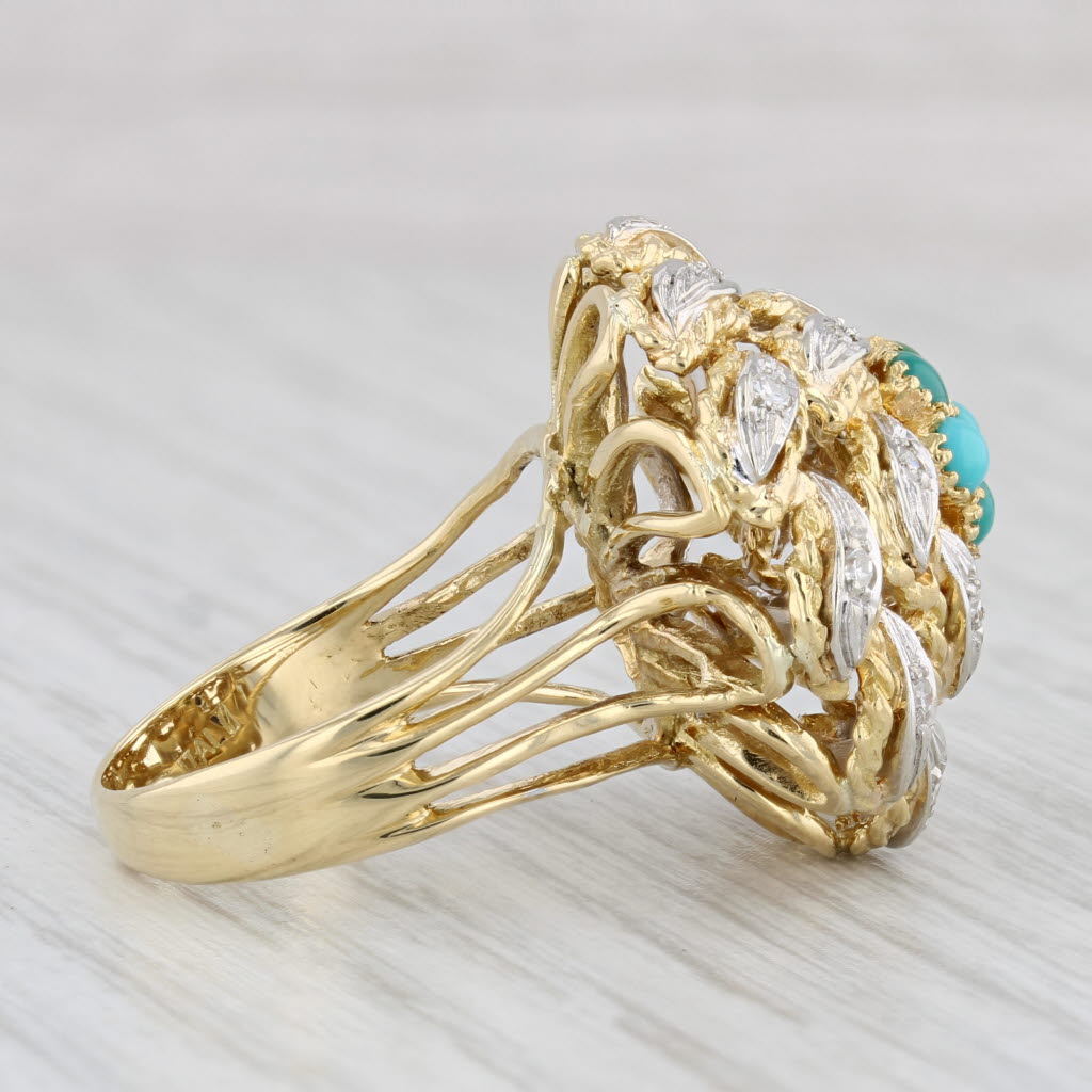 Light Gray Turquoise Diamond Cluster Cocktail Ring 18k Yellow Gold Size 6.75