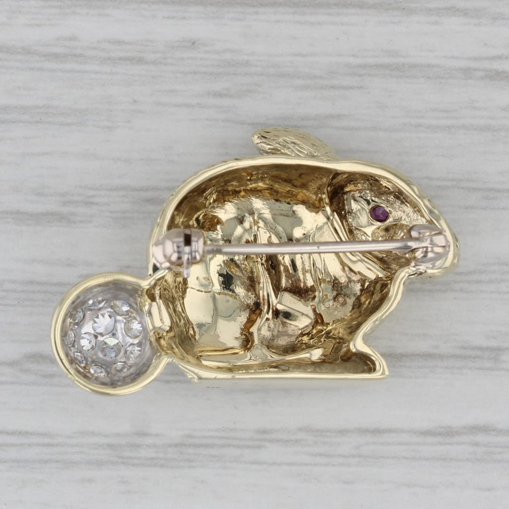 Gray 0.18 ctw Diamond Ruby Bunny 14K Yellow Gold Rabbit Brooch