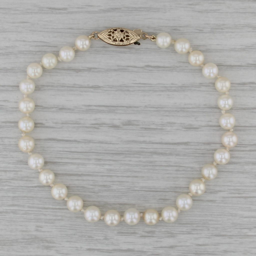 Vintage Cultured Pearl Single Strand Bracelet 14k Gold 7.75" 5.1-5.3mm