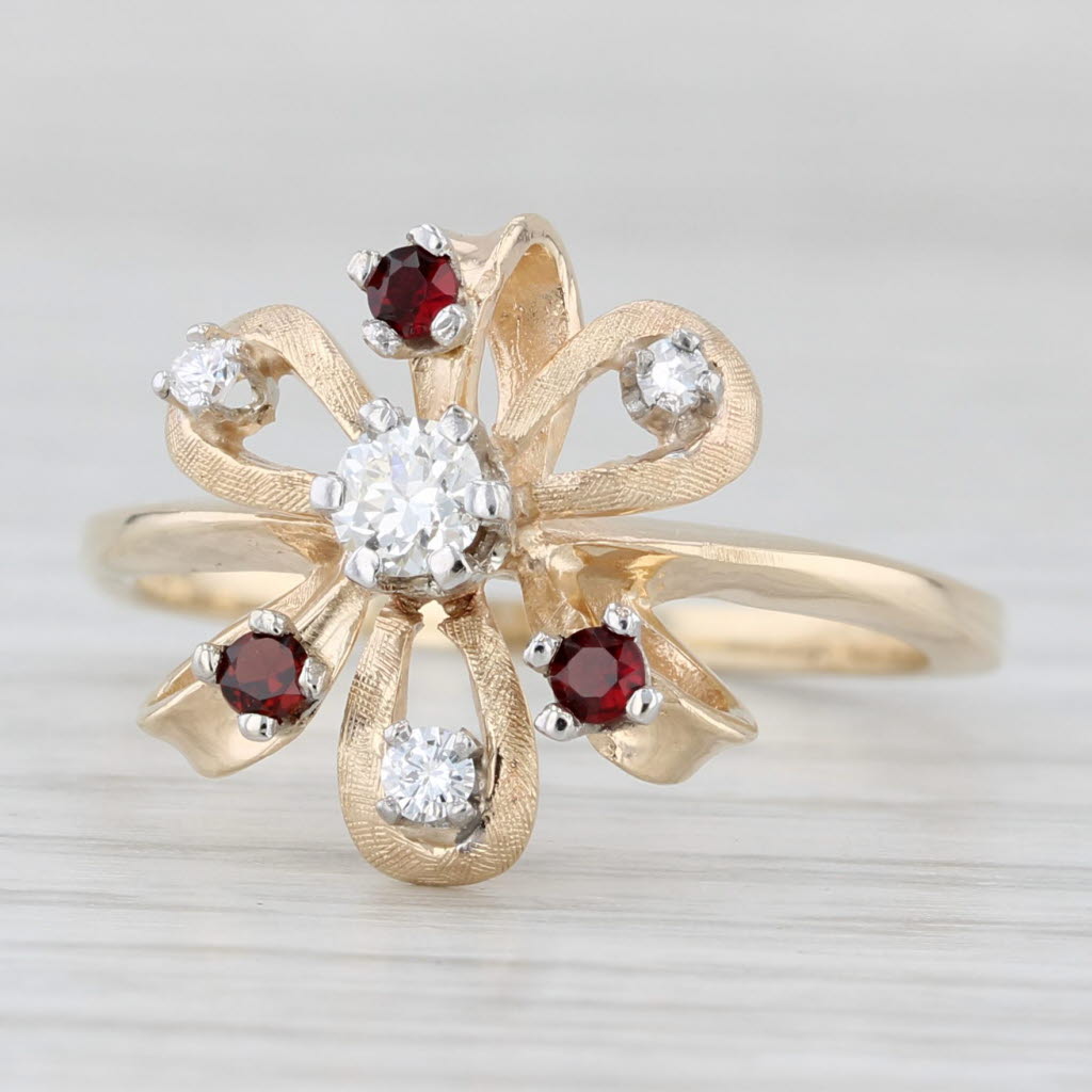 Light Gray 0.39ctw Diamond Lab Created Ruby Garnet Flower Ring 14k Yellow Gold Size 9