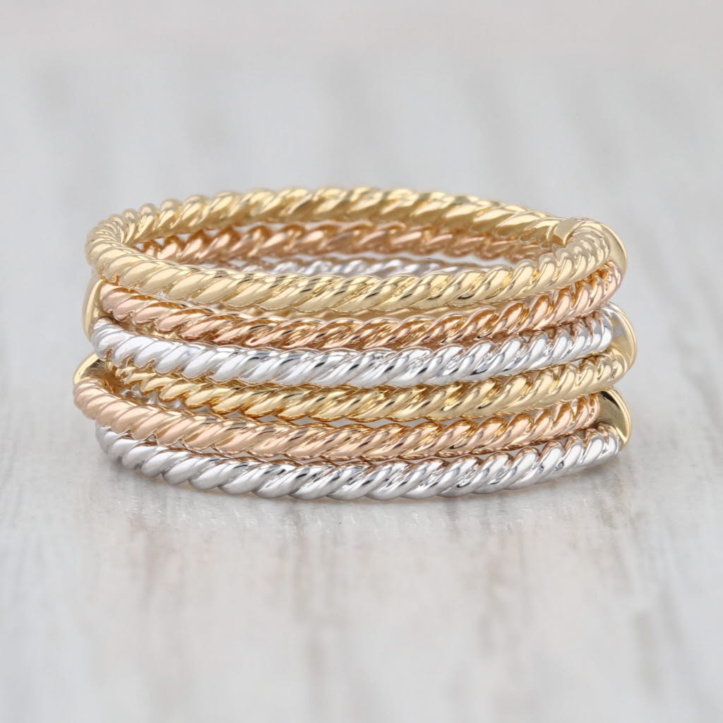 David Yurman Diamond 6 Row Cable Origami Ring 18k Gold Stacked Bands Size 7