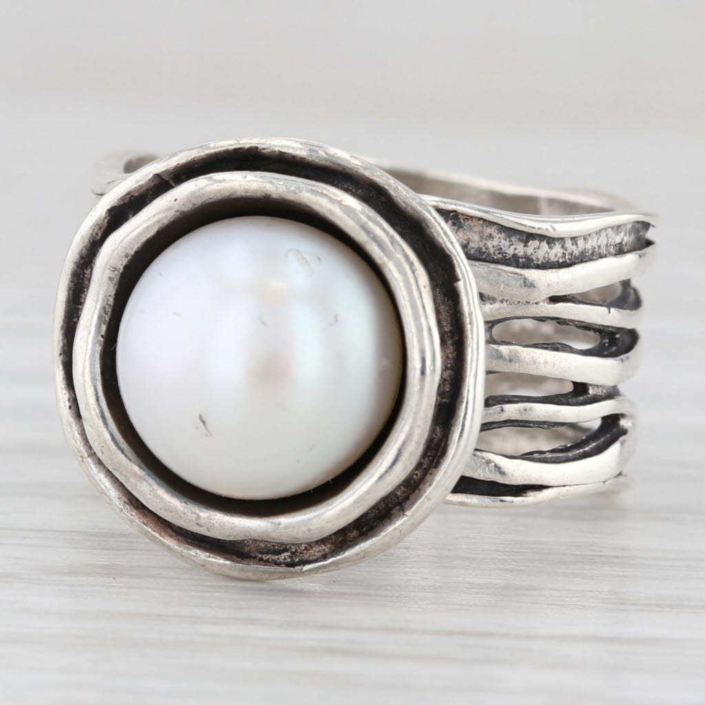 Light Gray Didae Cultured Button Pearl Solitaire Ring Sterling Silver Size 7.5 Statement