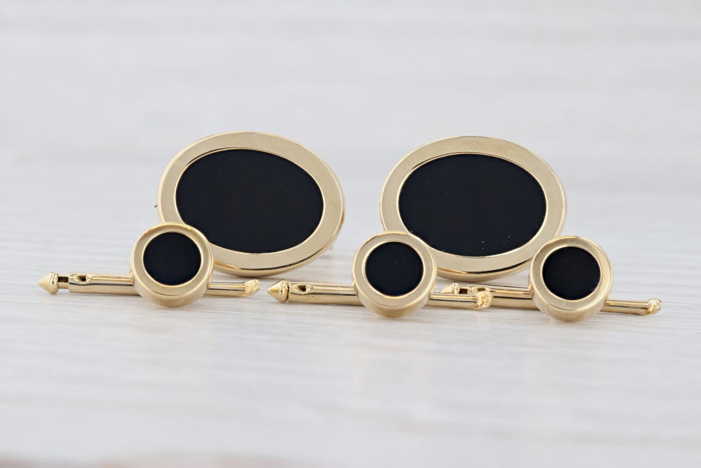 Light Gray Tiffany Onyx Oval Cufflinks Round Shirt Studs Set w/ Box 18k Yellow Gold