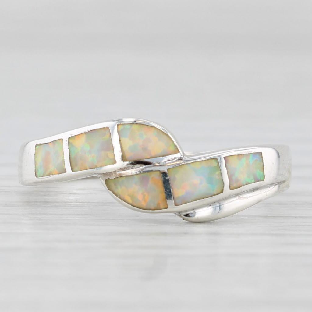 Light Gray Opal Mosaic Inlay Bypass Ring Sterling Silver Size 8 Band