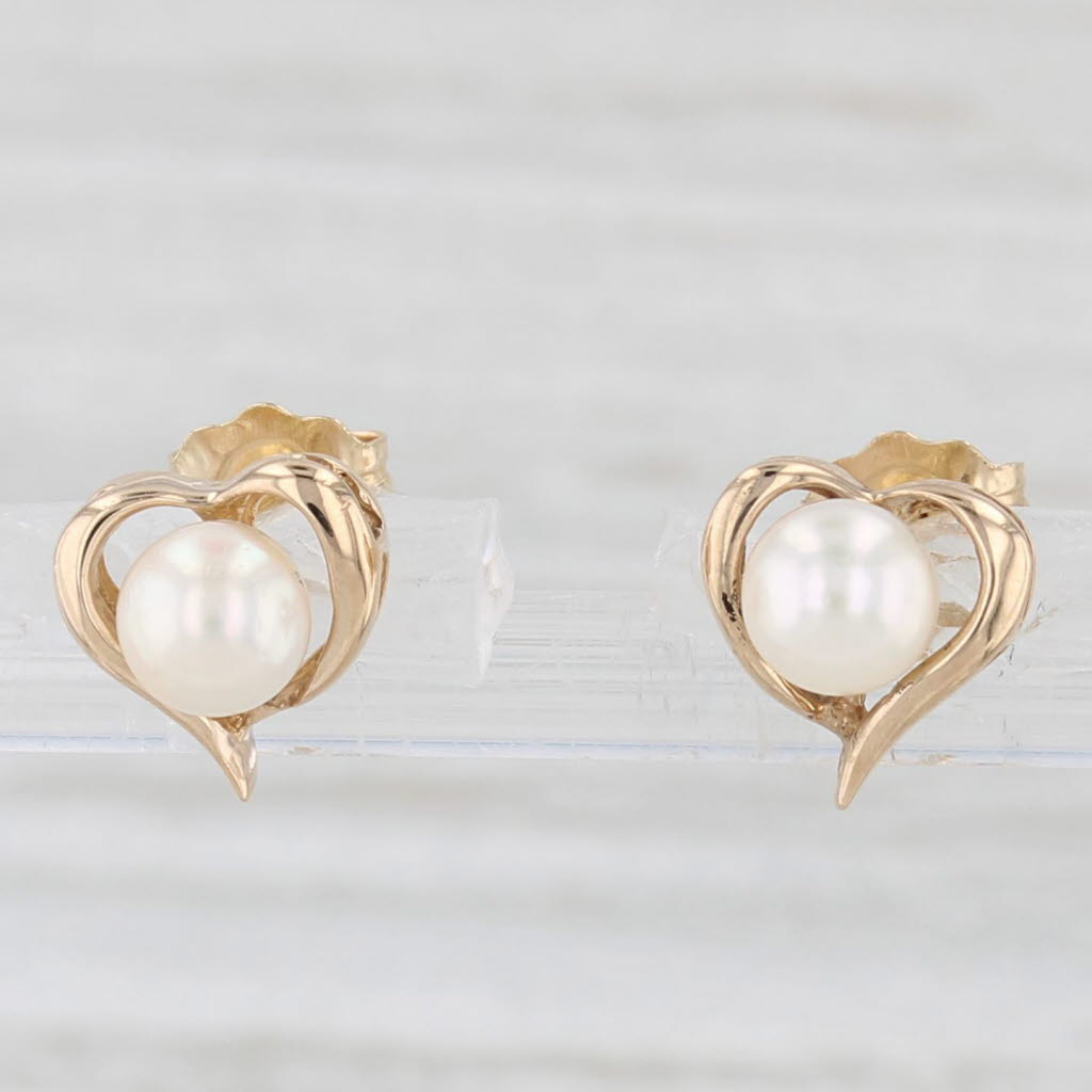 Light Gray Cultured Pearl Heart Stud Earrings 14k Yellow Gold