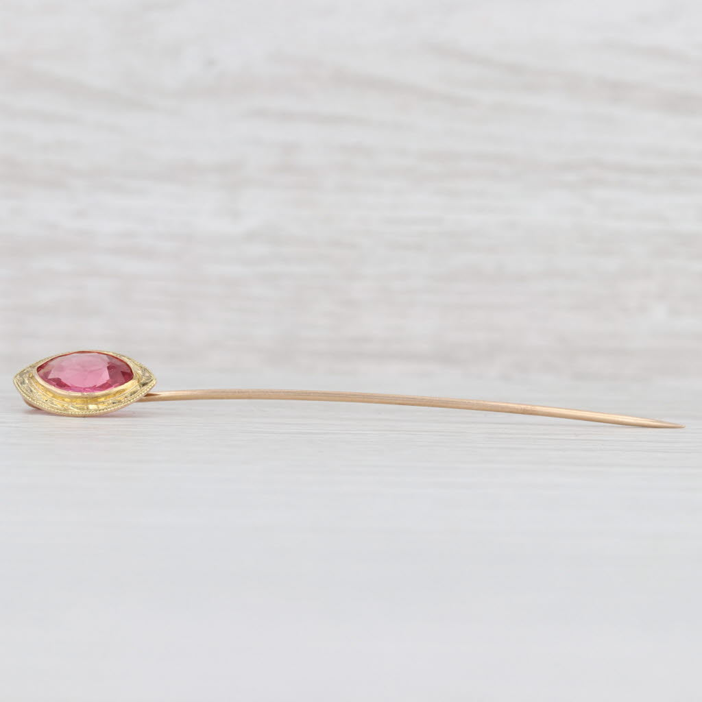 Light Gray Vintage Pink Glass Stickpin 10k Yellow Gold Pin Marquise Solitaire