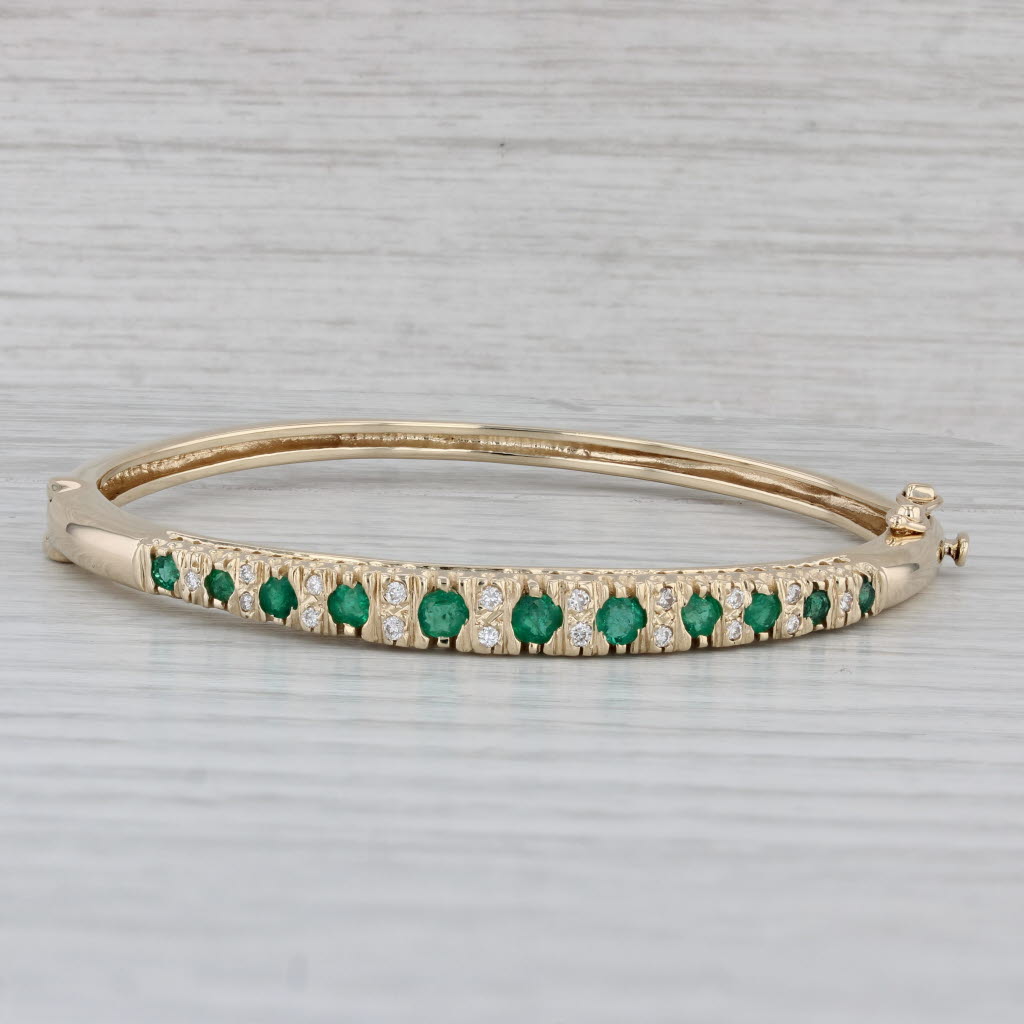 Gray 0.94ctw Emerald Diamond Bangle Bracelet 14k Yellow Gold 6.25" Hinged