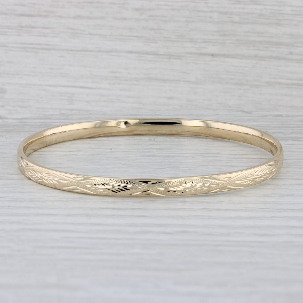 Gray Etched Bangle Bracelet 14k Yellow Gold 8" 5mm Milor Spain