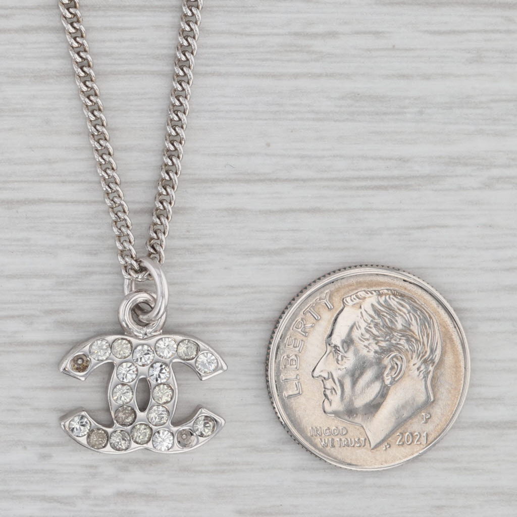 CC Logo Pendant Necklace Silver Toned Rhinestones 16.75 Curb Chain AS IS