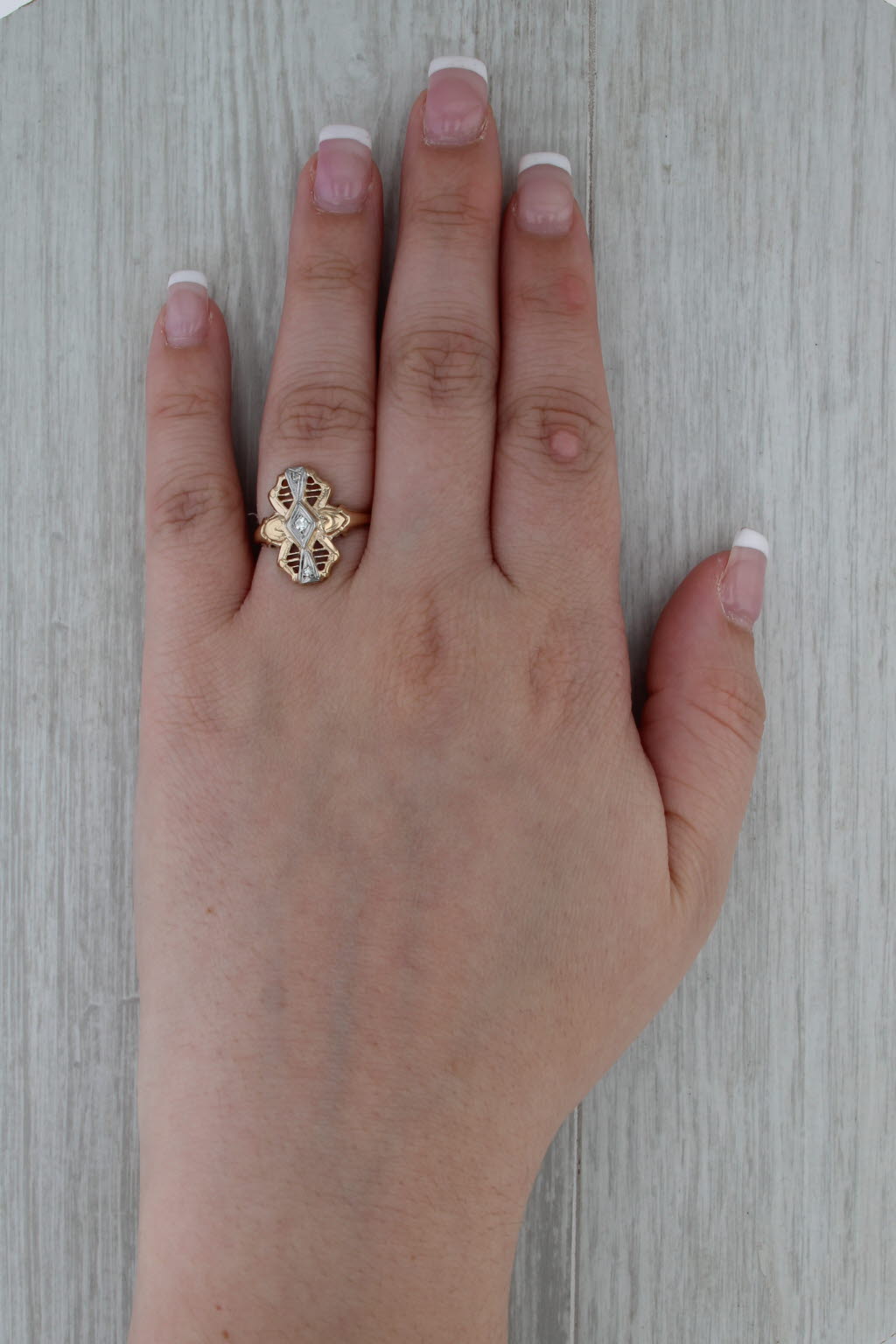 Vintage Diamond Filigree Openwork Ring 14k Yellow White Gold Size 7