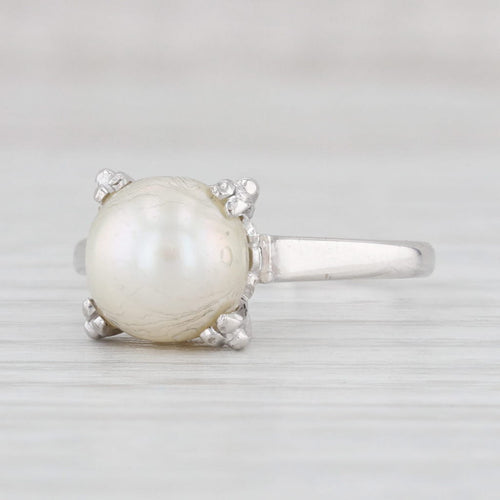 Light Gray Vintage Cultured Pearl Solitaire Ring 14k White Gold Size 7.75