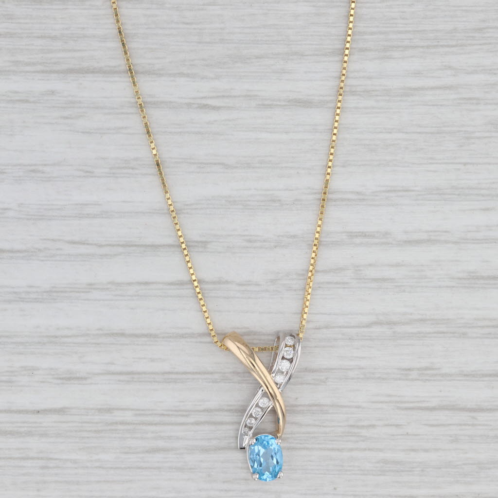 1.01ctw Blue Topaz Diamond Pendant Necklace 14k Yellow White Gold 20" Box Chain