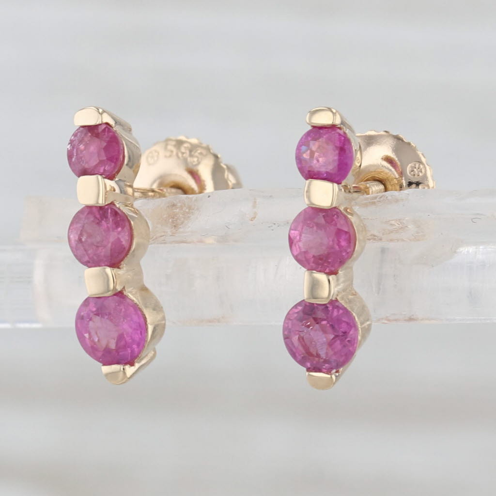 0.80ctw Pink Sapphire 3-Stone Journey Drop Earrings 14k Yellow Gold