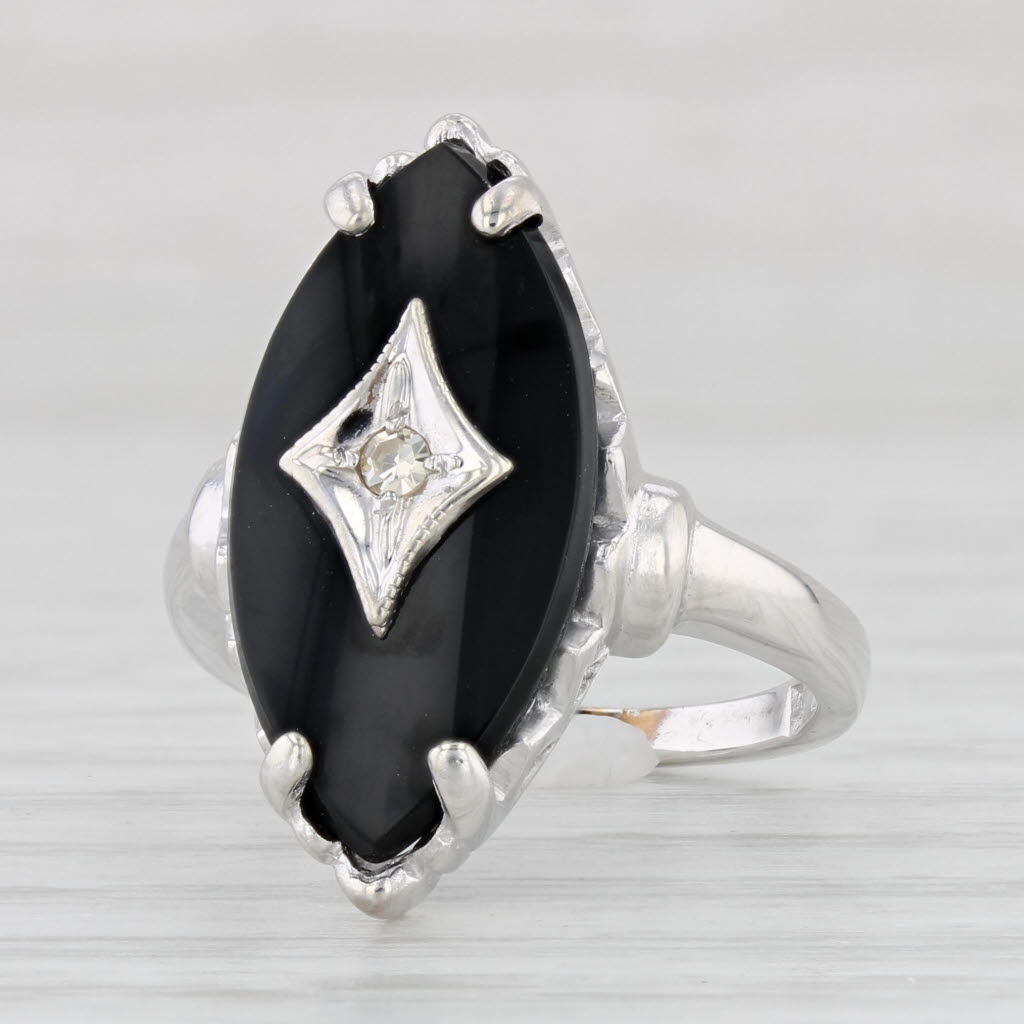 Light Gray Vintage Onyx Diamond Signet Ring 10k White Gold Size 5.75 Hallmark