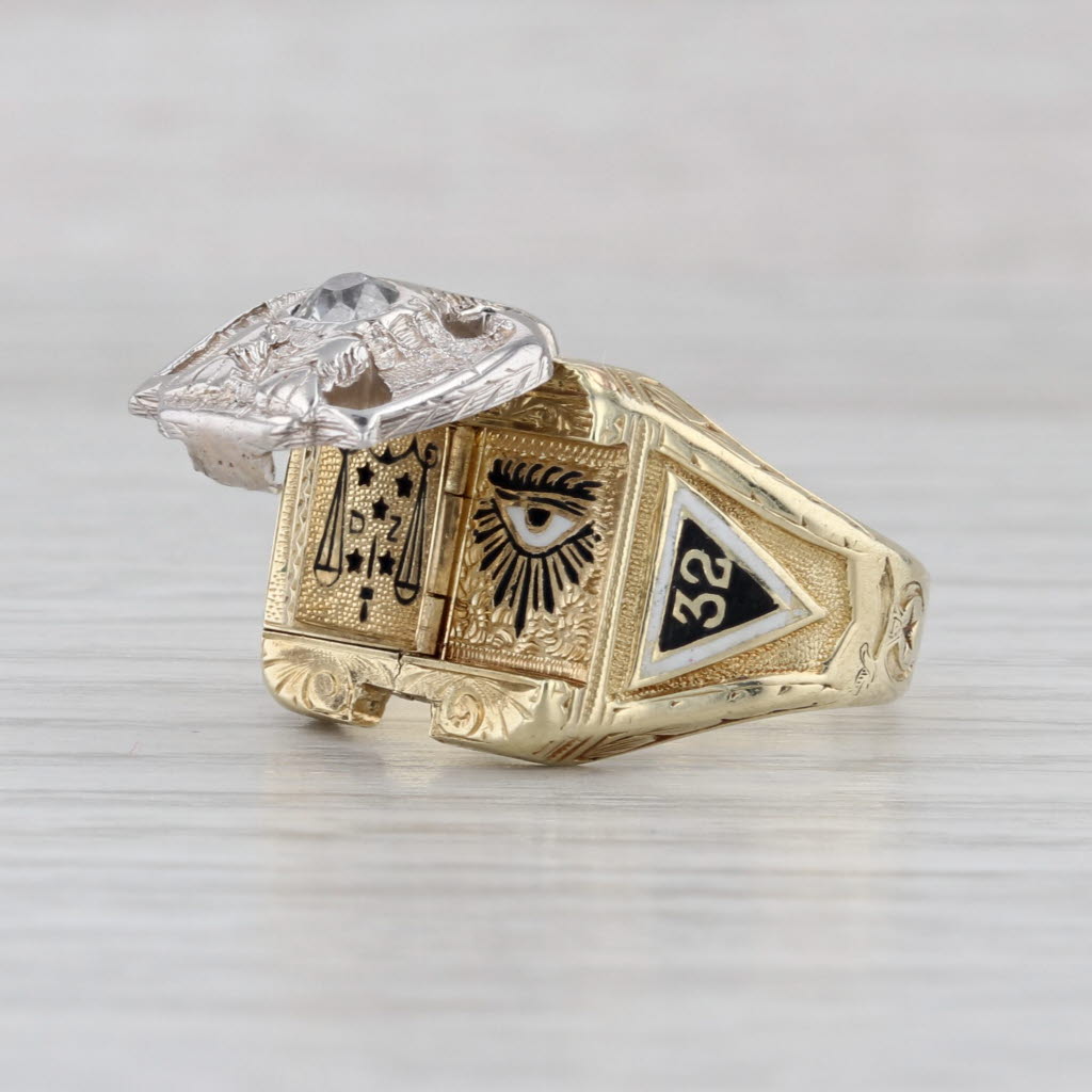 Vintage Diamond Masonic Scottish Rite Signet Ring 14k Gold Size 9.25-9.5