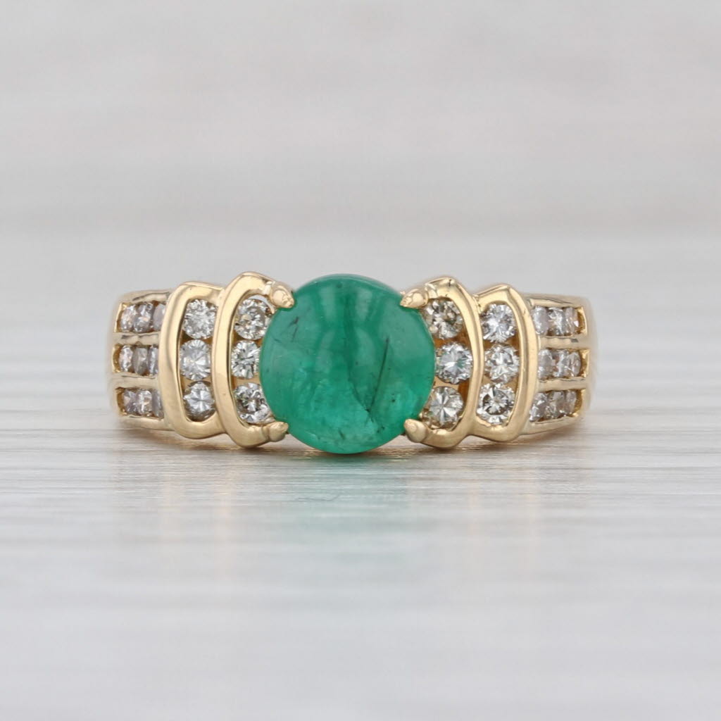 Emerald Round Cabochon 0.40ctw Diamond Ring 18k Yellow Gold Size 6