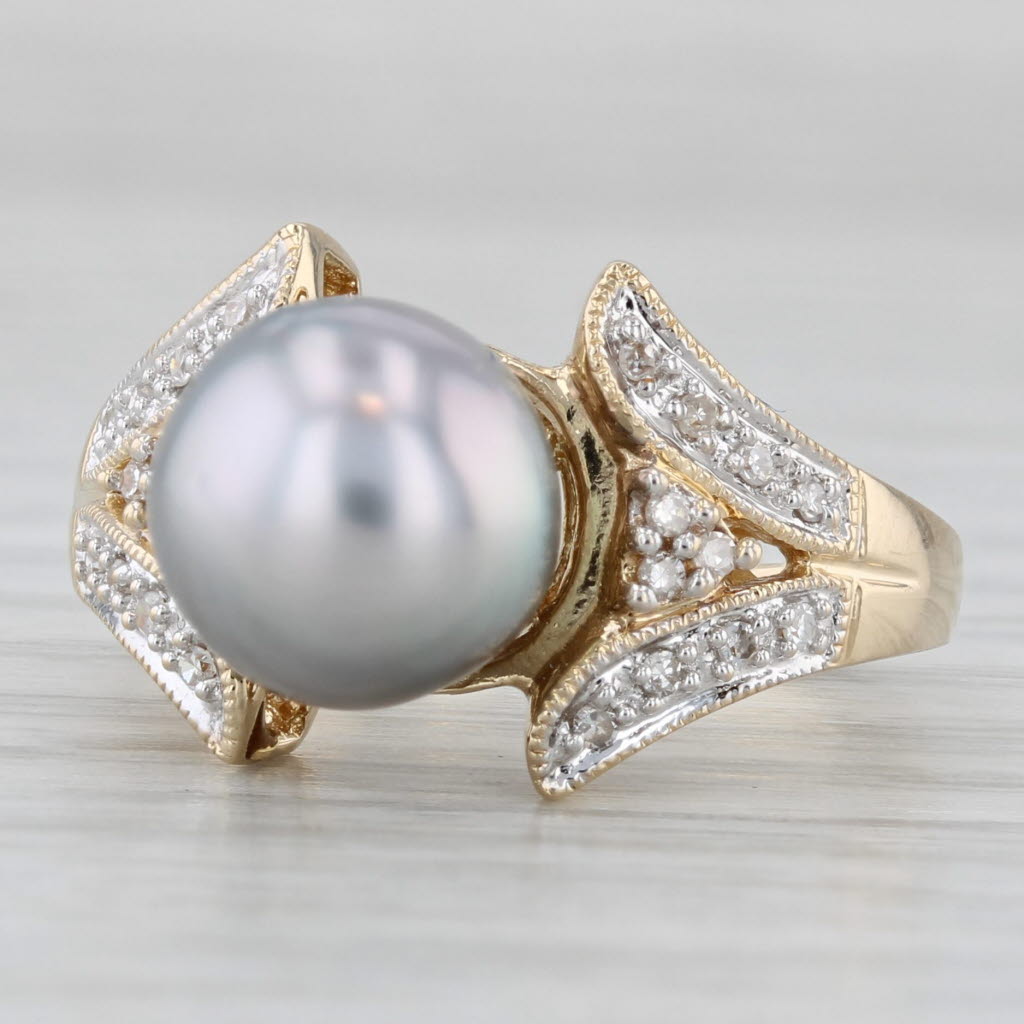 Gray Gray Dyed Cultured Pearl Diamond Ring 14k Yellow Gold Size 6.5